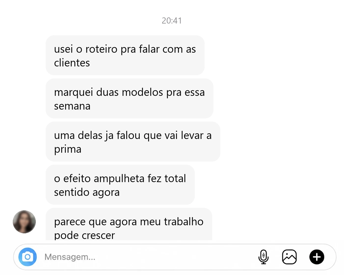 Exemplo ilustrativo de mensagem de aluna do método